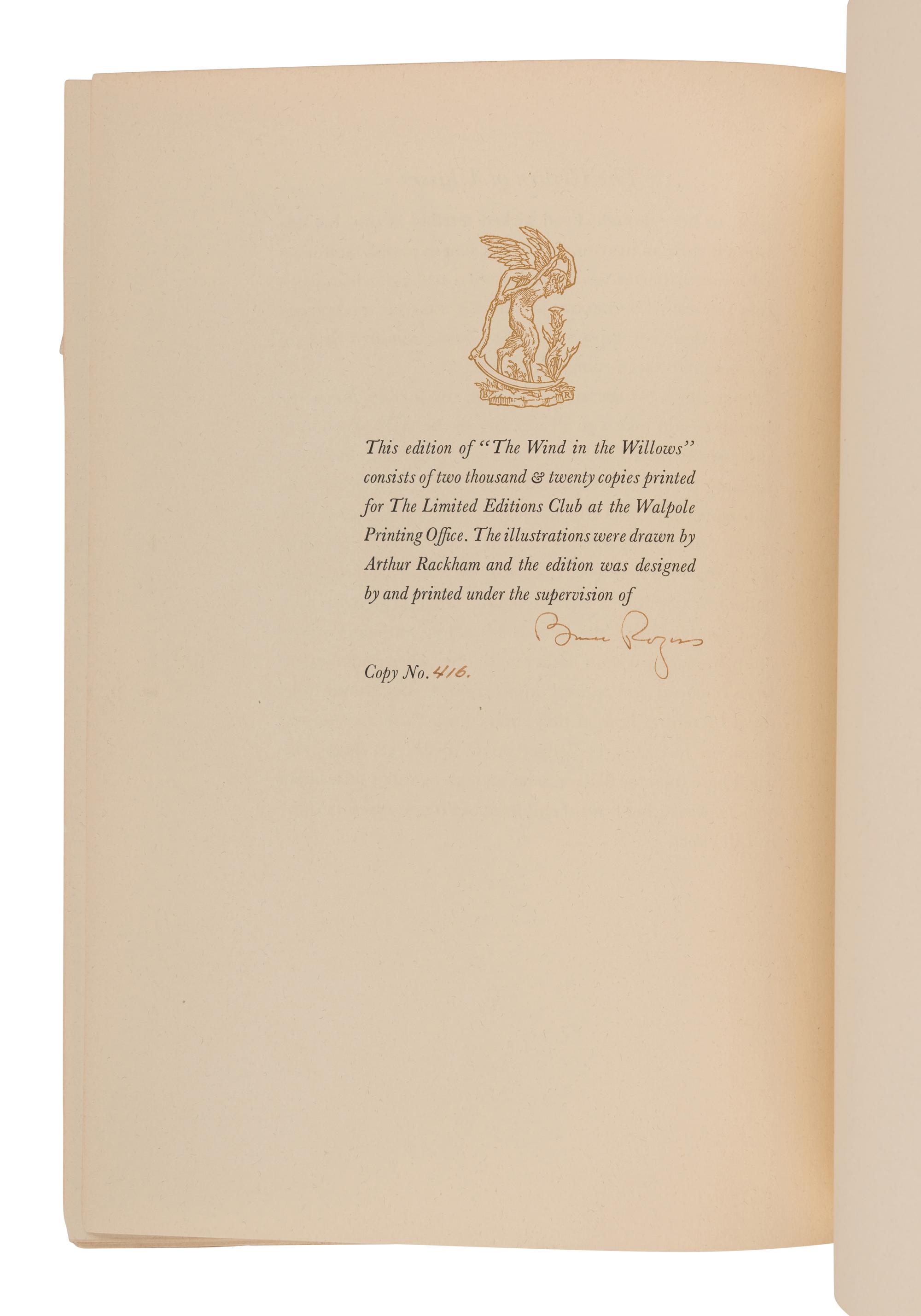 [RACKHAM, Arthur (1867-1939), illustrator]. GRAHAME, Kenneth (1859-1932). The Wind in the Willows. New York: The Limited Editions Club, 1940.