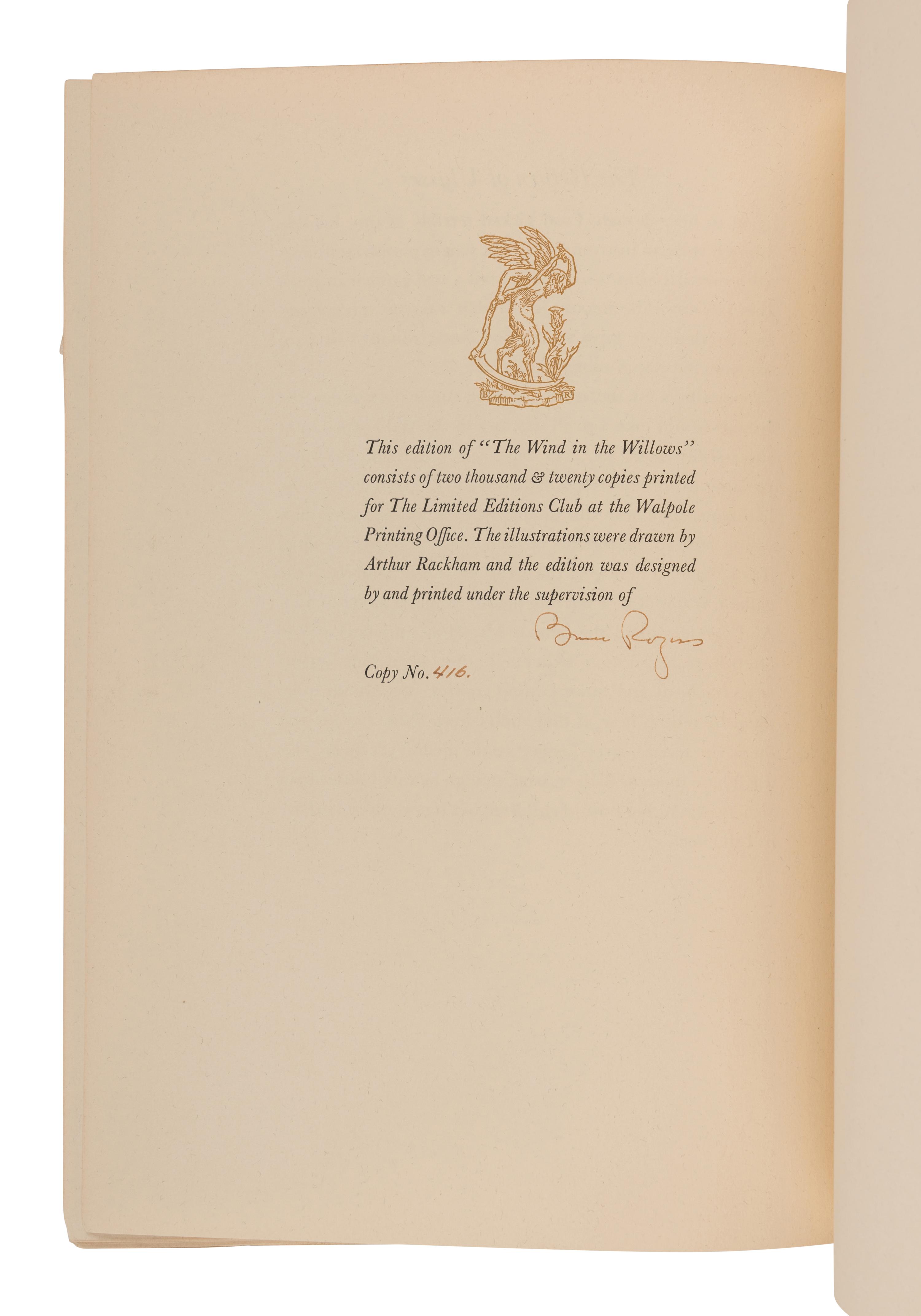[RACKHAM, Arthur (1867-1939), illustrator]. GRAHAME, Kenneth (1859-1932). The Wind in the Willows. New York: The Limited Editions Club, 1940.