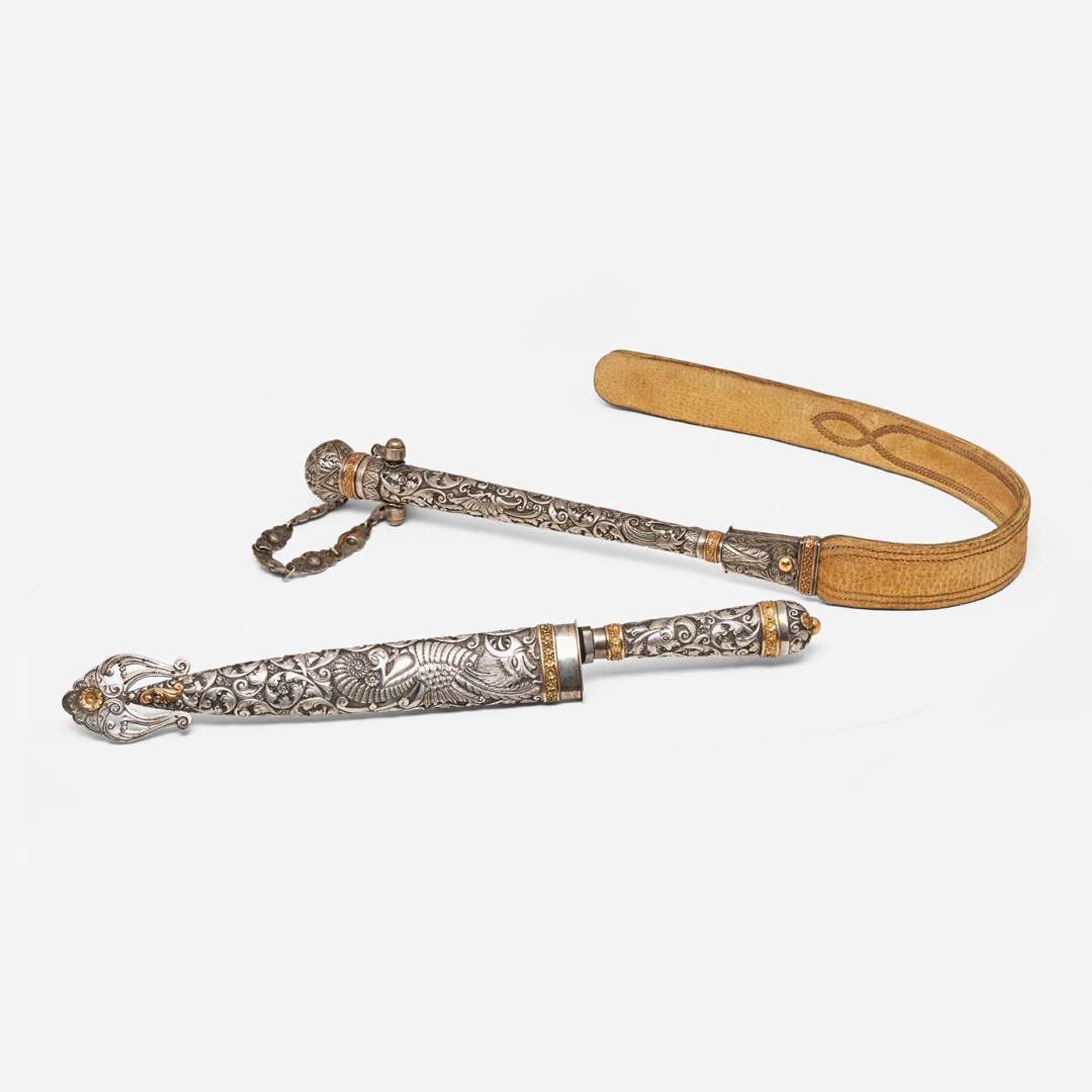 A repoussé silver and gold gaucho knife and flogger Heinrich Böker & Co. Arbolito S.A., Buenos Aires, Argentina, post 1983