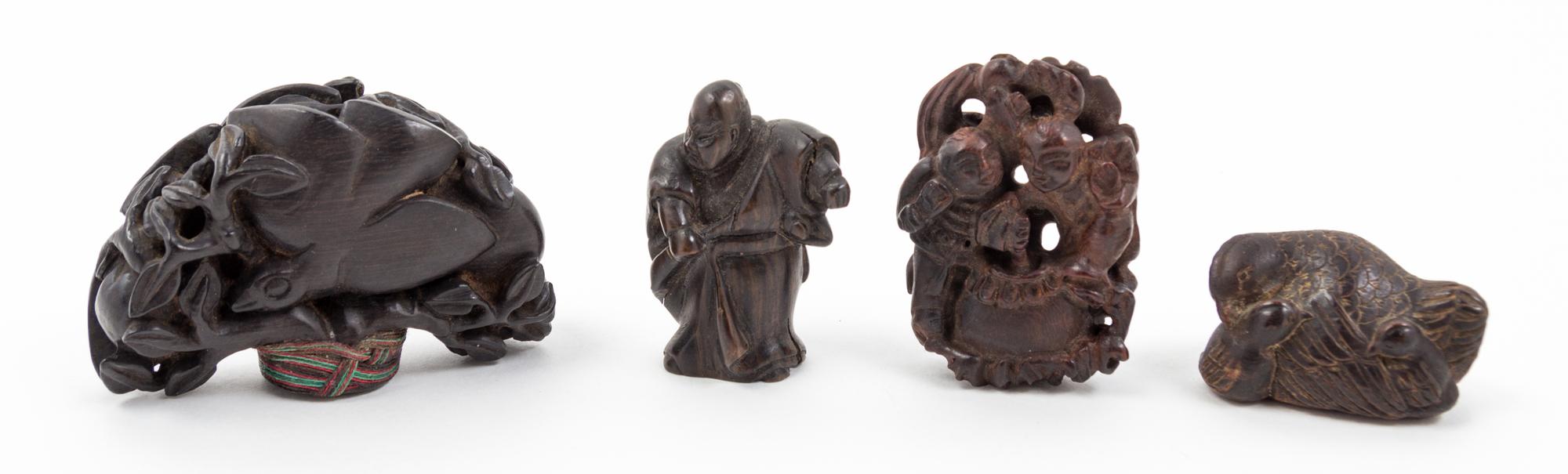Four Carved Wood Articles Width of largest 3 inches.