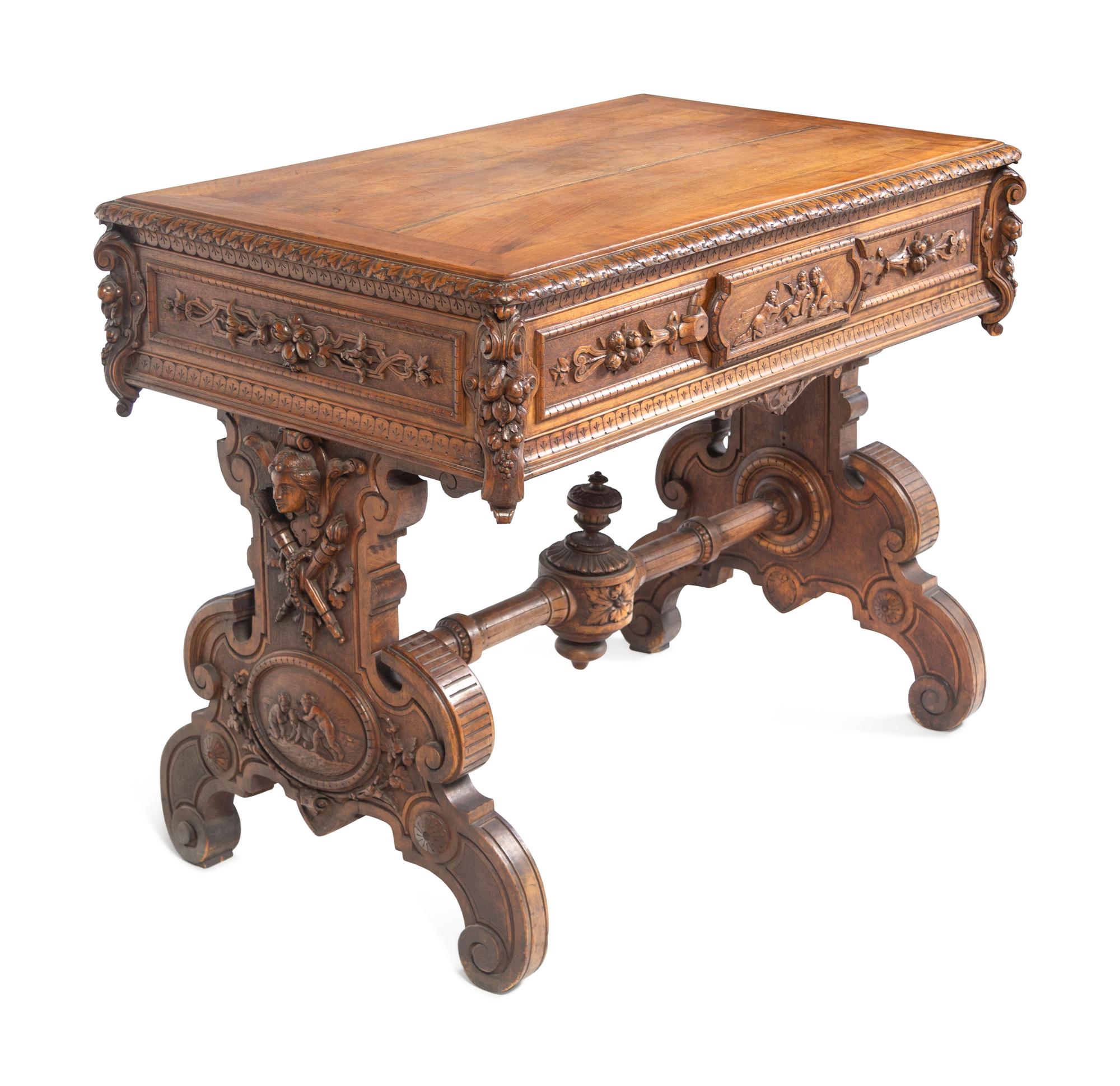 A Swiss Cylinder Music Box in a Carved Walnut Case and Stand