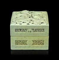 A Carved and Molded Pale Lime Glazed Porcelain 'Dragons' Seal Paste Box and Cover