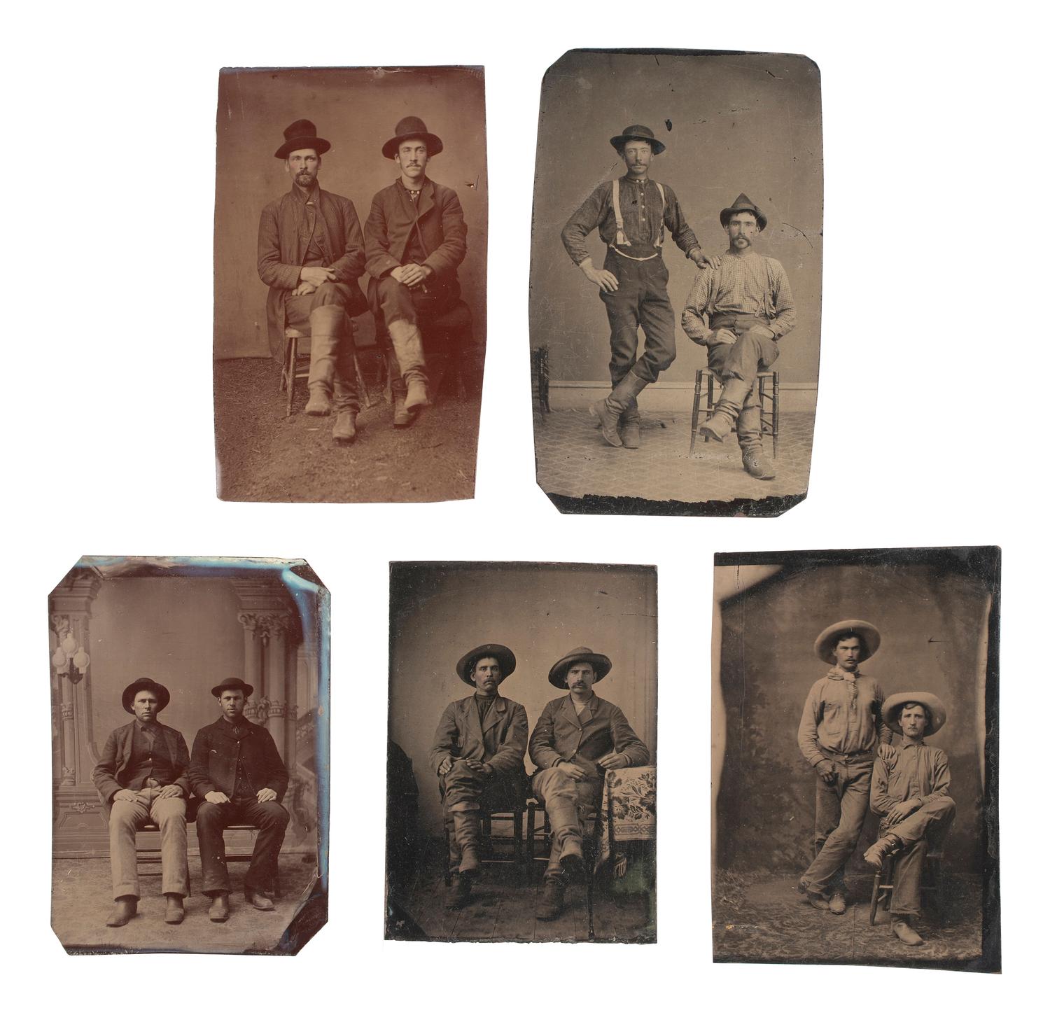 [WESTERN AMERICANA]. 10 tintypes, incl. pairs of cowboys and other rough-and-tumble characters.