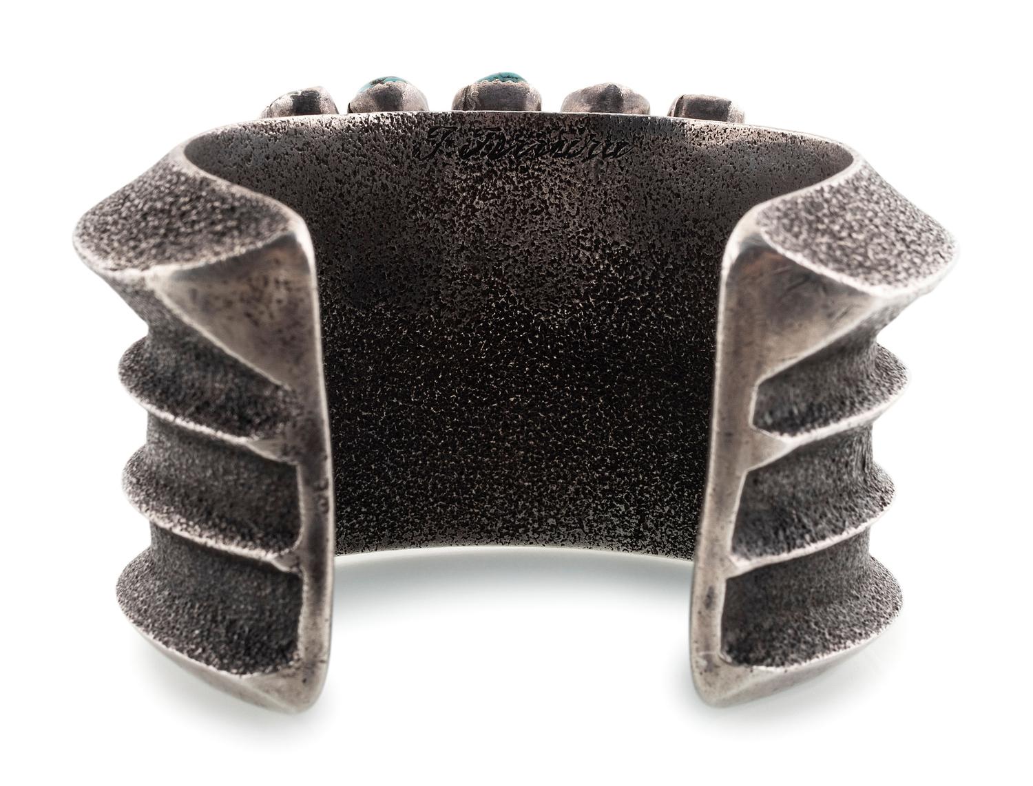 Navajo Heavy Tufa Cast Silver and Turquoise Cuff Bracelet