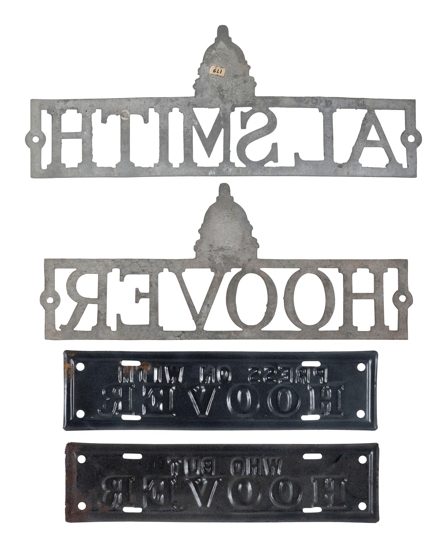 [POLITICS]. A group of 4 campaign license plates and license plate attachments promoting Herbert Hoover and Al Smith.