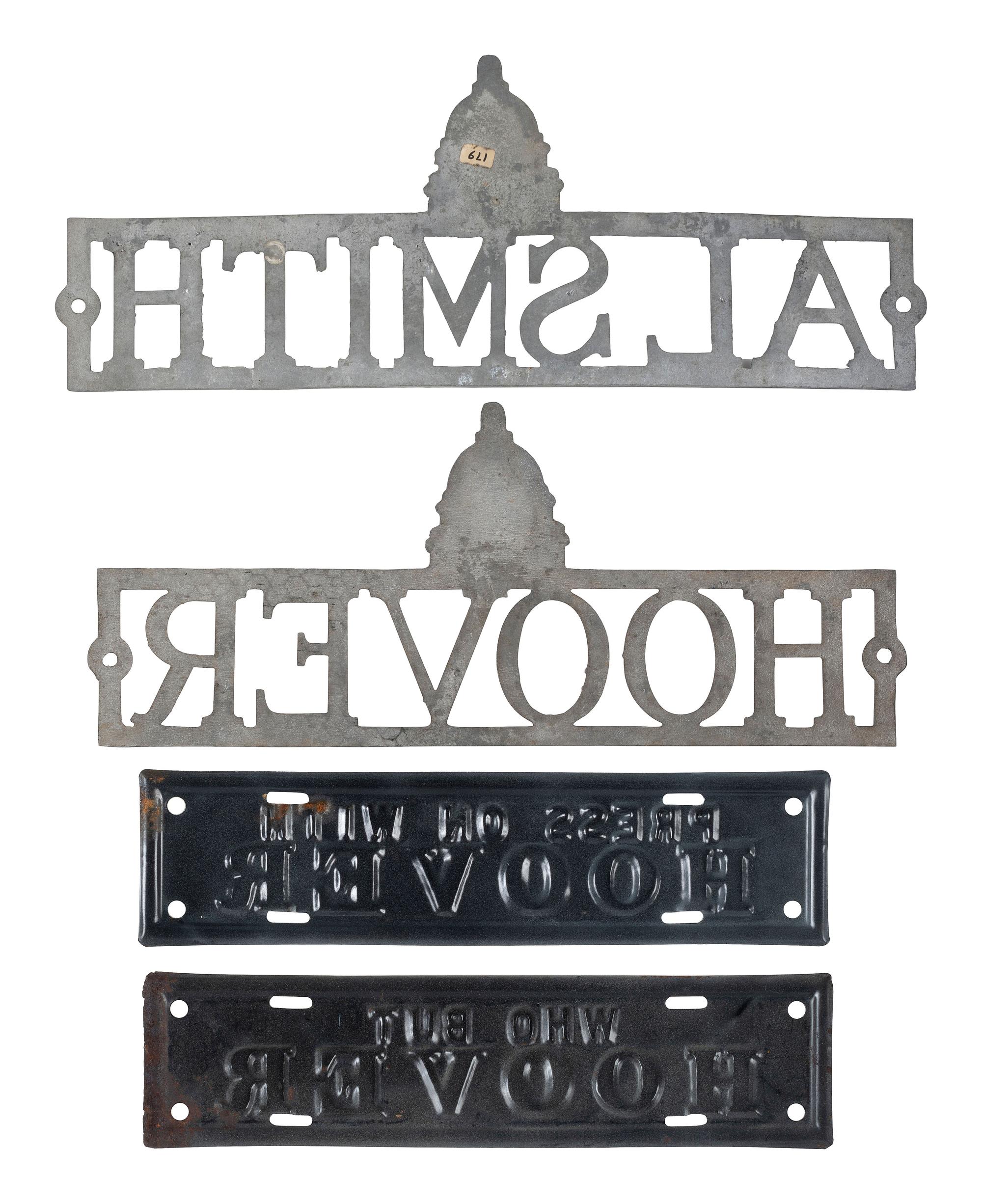 [POLITICS]. A group of 4 campaign license plates and license plate attachments promoting Herbert Hoover and Al Smith.