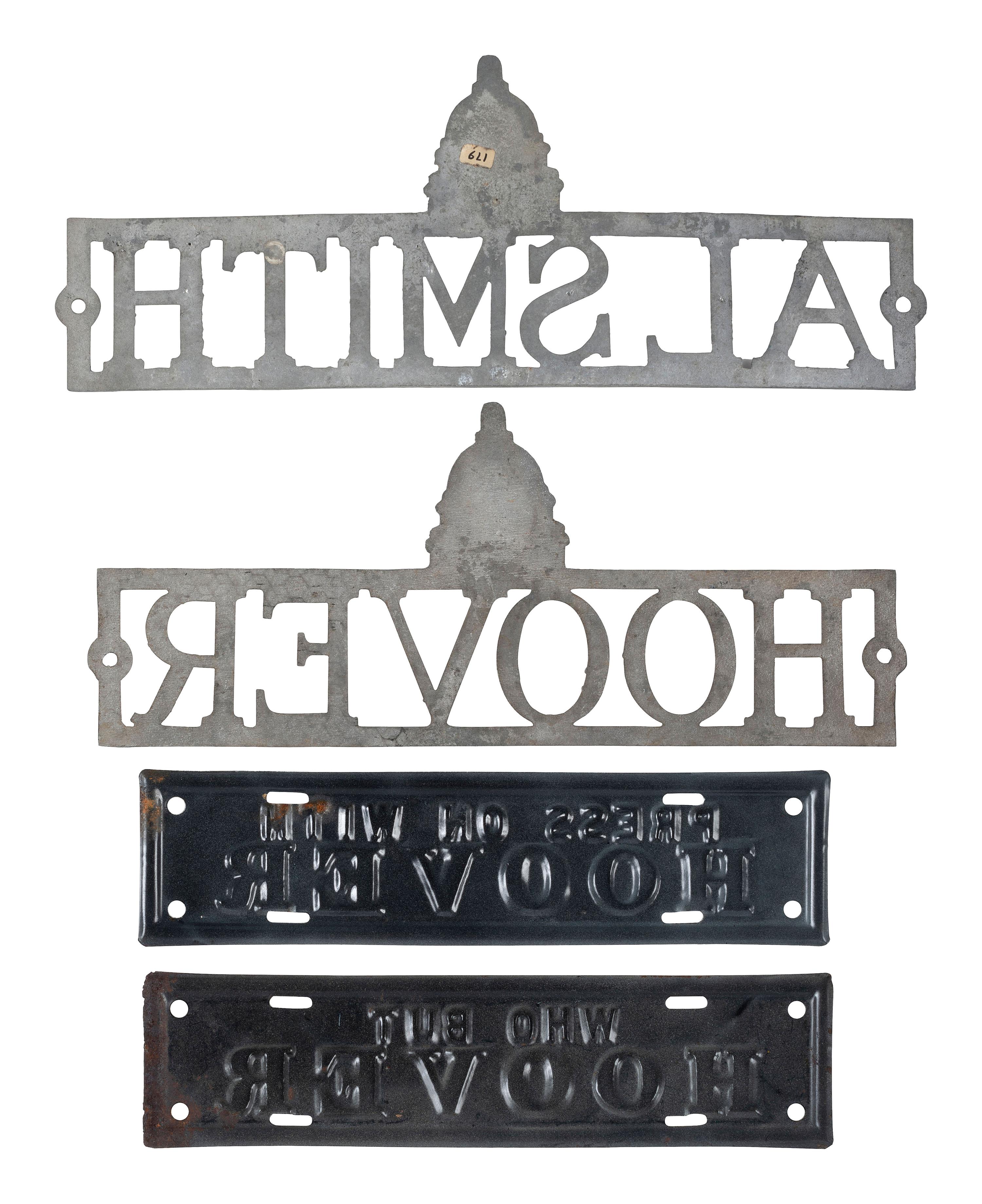 [POLITICS]. A group of 4 campaign license plates and license plate attachments promoting Herbert Hoover and Al Smith.