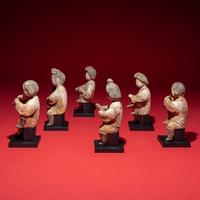 Six Chinese Painted Pottery Figures of Female Musicians, Tang Dynasty Style — 唐式陶加彩樂伎俑一組六件