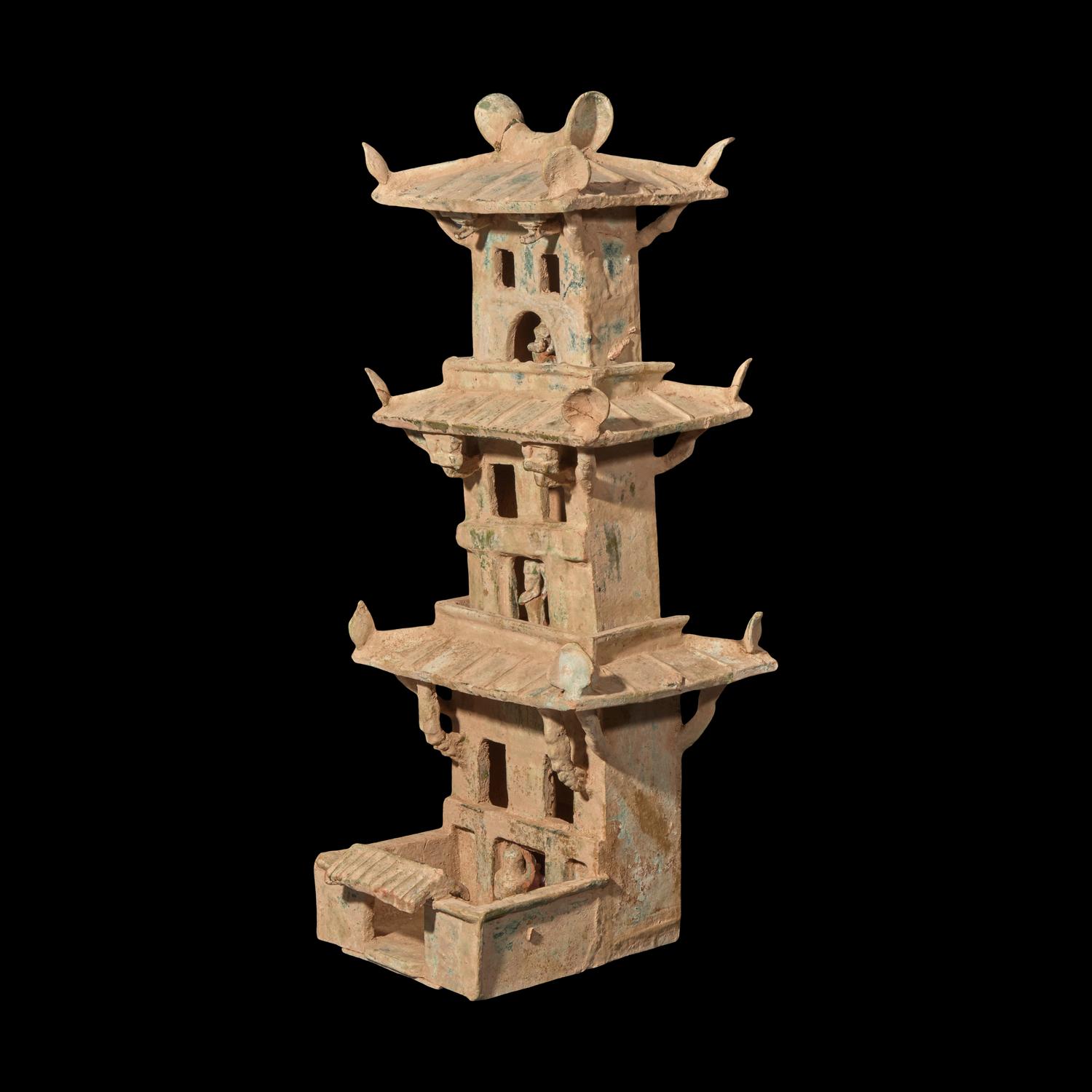 A Large Chinese Green Glazed Pottery Model of a Tower, Han Dynasty 漢 綠釉 灰陶 塔