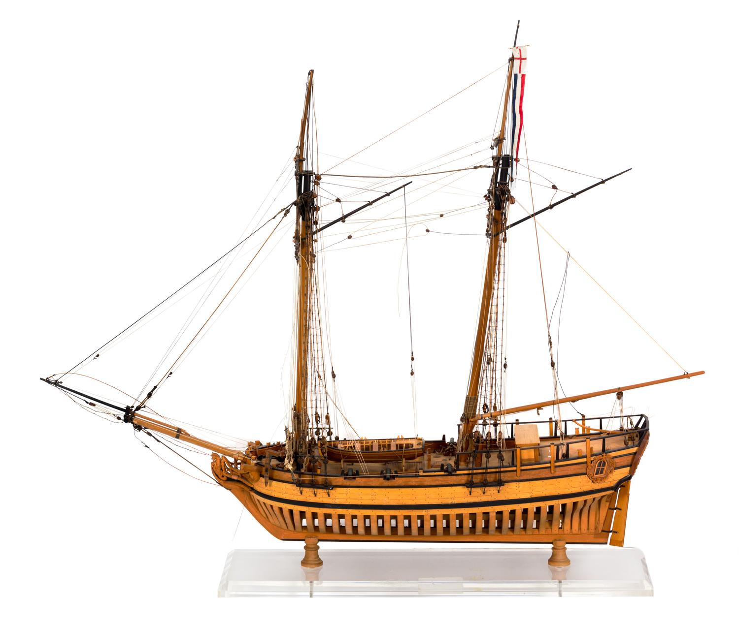 A Two-Masted Wood Model of a Ship Height 30 inches.