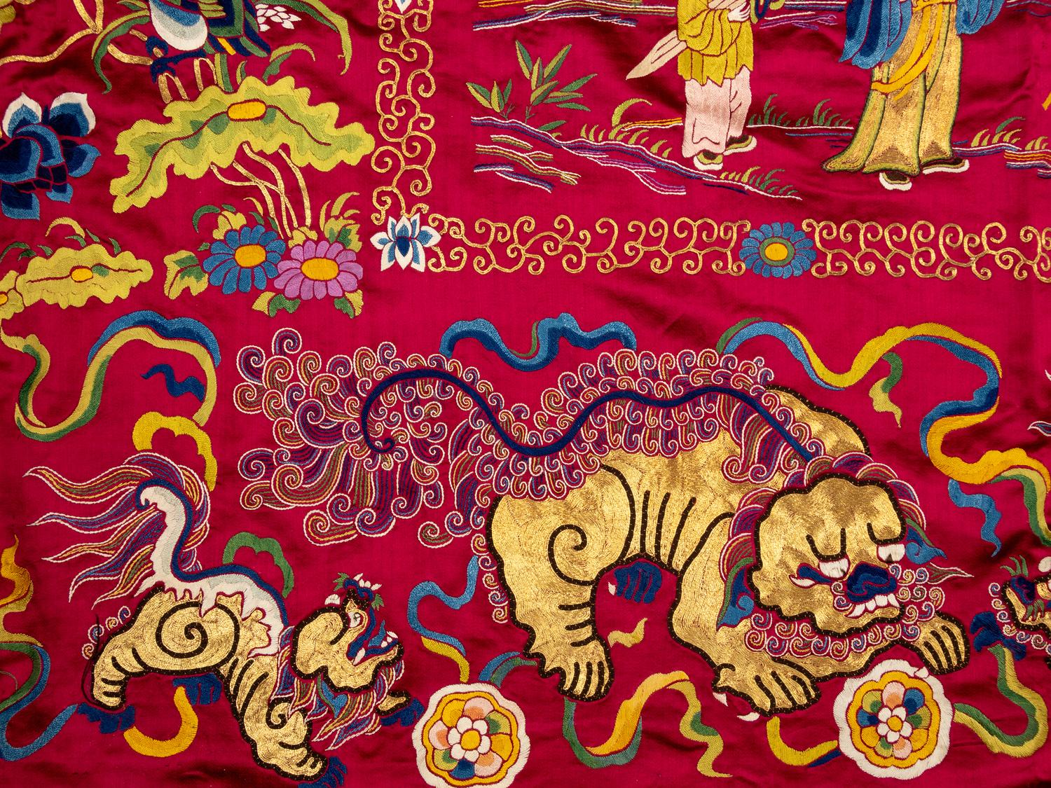An Impressively Large Chinese Burgundy Ground Embroidered Silk 'Birthday' Wall Panel, Dated 1868 清同治七年（1868） 絳紅緞綉賀壽圖大挂屏