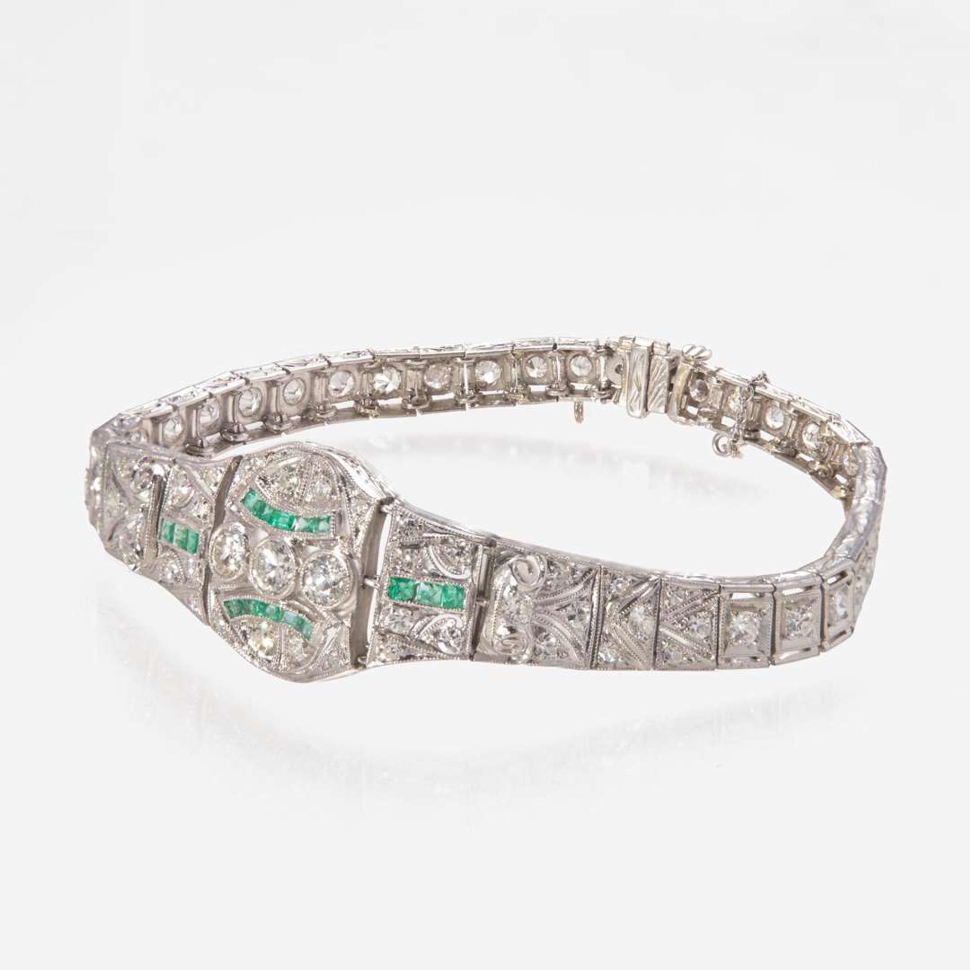 An Art Deco Platinum, Emerald, and Diamond Bracelet