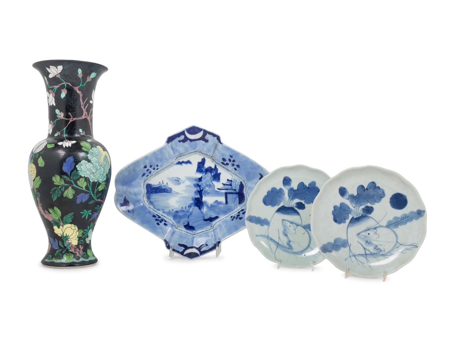 Three Japanese Porcelain Articles and a Chinese Export Porcelain Vase