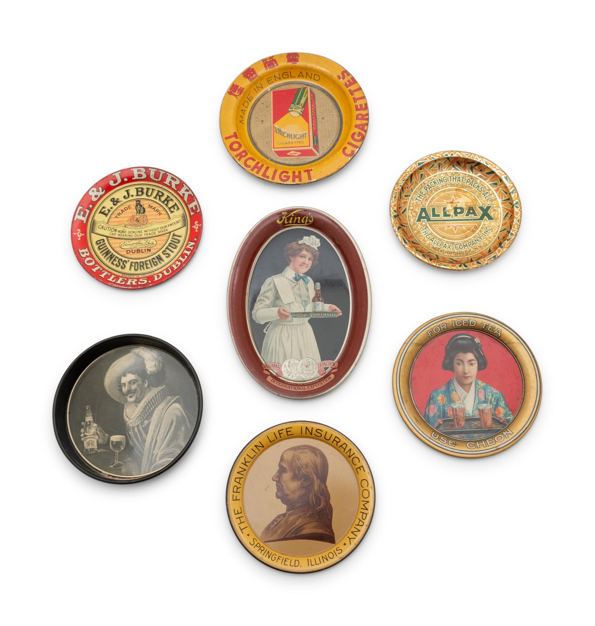 A Collection of Eight Tin Lithographed Advertising Tip Trays