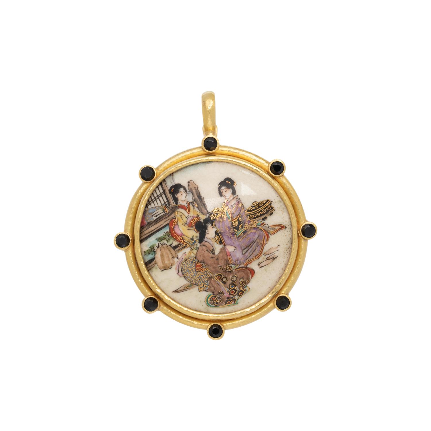 ELIZABETH LOCKE, YELLOW GOLD AND PORCELAIN GEISHA PENDANT
