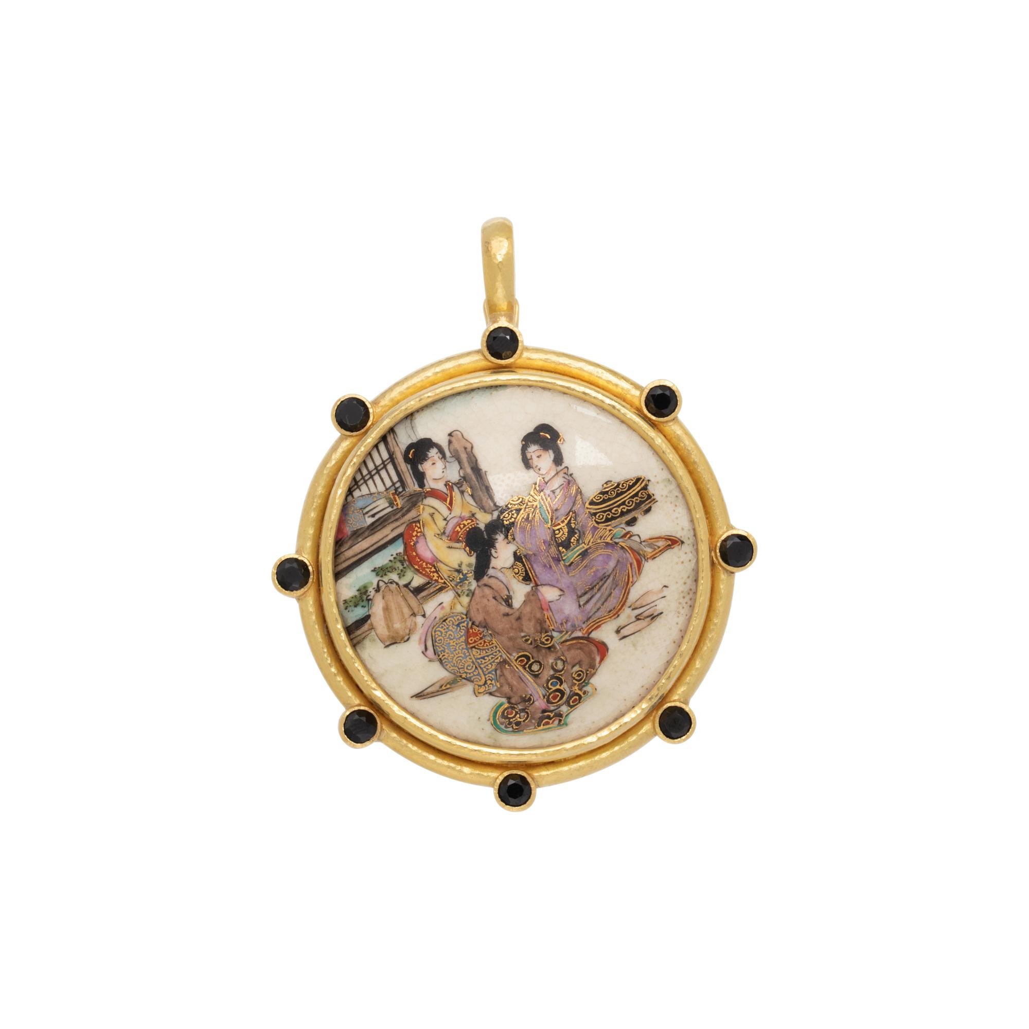 ELIZABETH LOCKE, YELLOW GOLD AND PORCELAIN GEISHA PENDANT