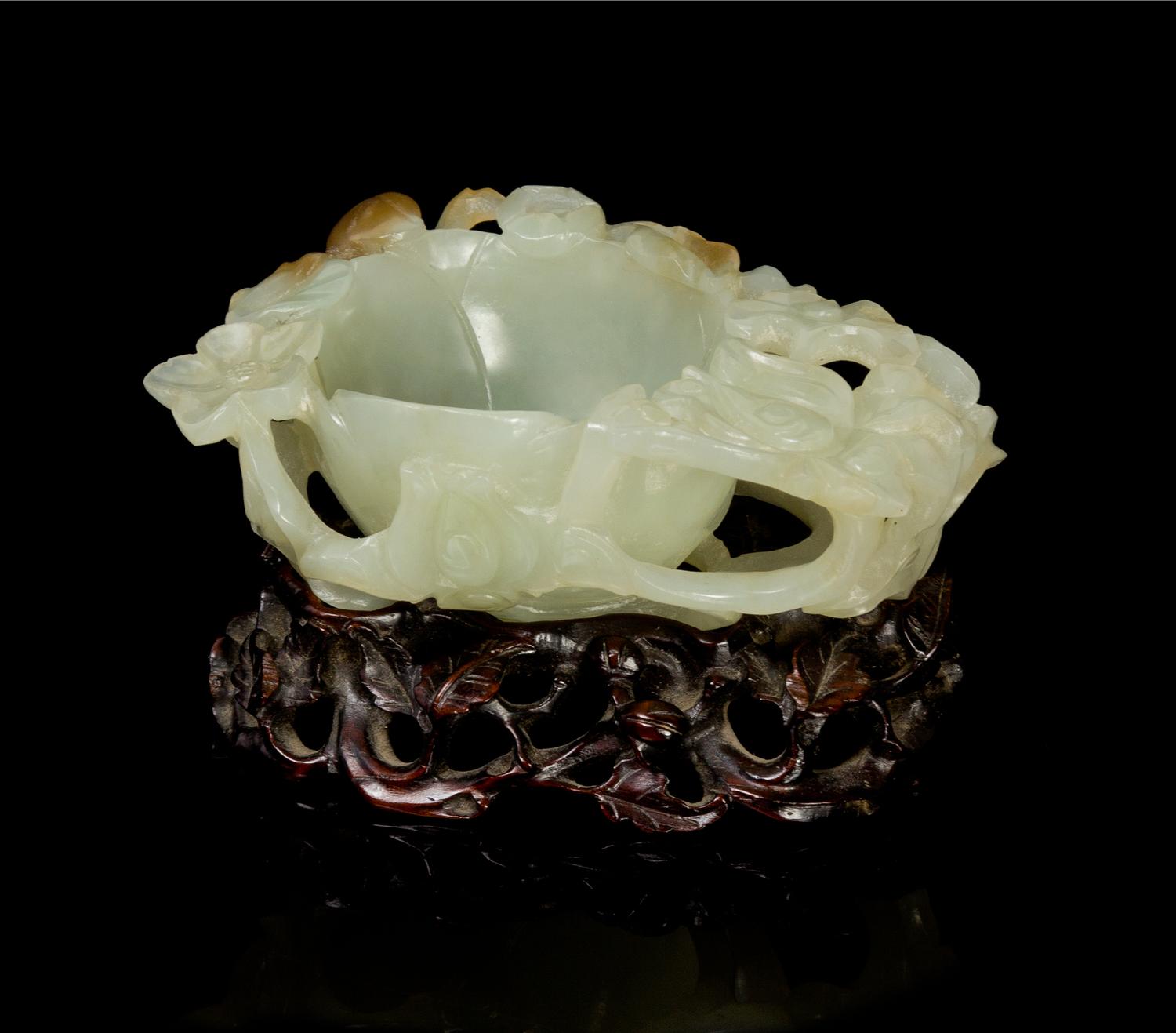 A Chinese Jade Floriform Libation Cup 17TH/18TH CENTURY Width of jade 4 1/8 x height with stand 2 1/4 inches. — 17TH/18TH CENTURY