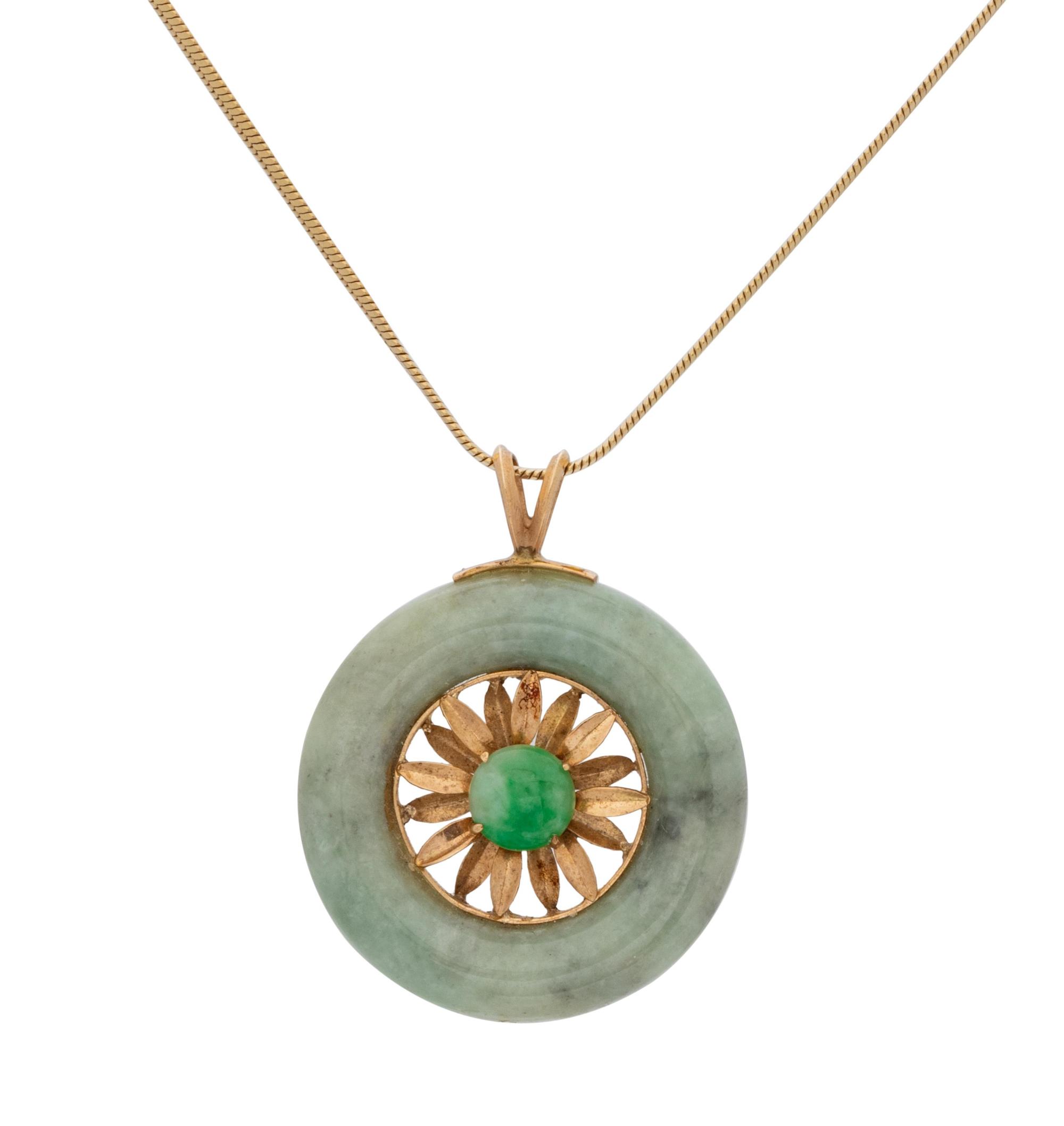 A 14 Karat Yellow Gold and Jade Pendant/Necklace,
