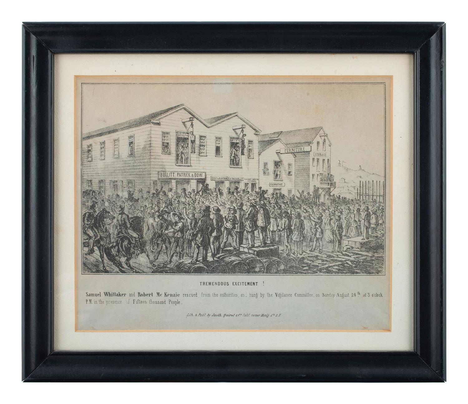 [CRIME & PUNISHMENT]. Tremendous Excitement! Vigilance Committee pictorial lettersheet. San Francisco, CA: Justh. Quirot & Co. [before 1 September 1851].