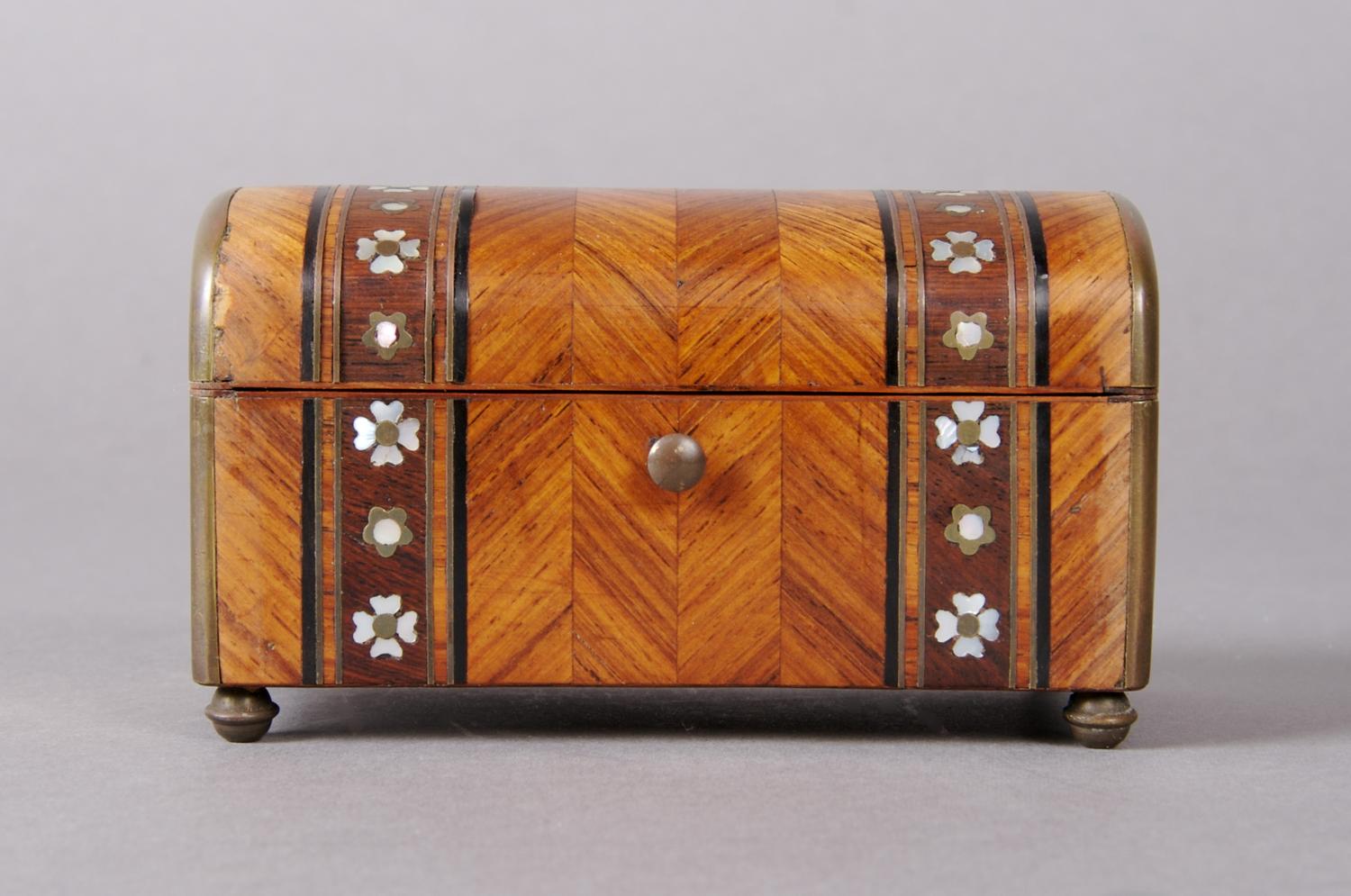 A French Parquetry, Inlaid Mother-of-Pearl and Brass Box, Maison Alphonse Giroux, Height 2 1/8 x width 3 3/4 x depth 2 1/8 inches.