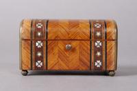 A French Parquetry, Inlaid Mother-of-Pearl and Brass Box, Maison Alphonse Giroux, Height 2 1/8 x width 3 3/4 x depth 2 1/8 inches.