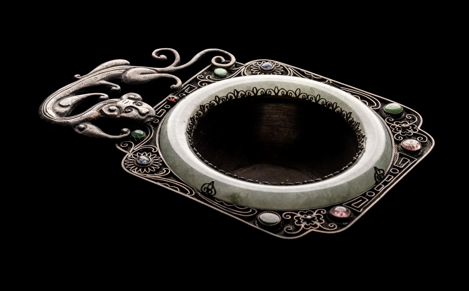A Chinese Jadeite Inset Silver Mounted Brush Washer