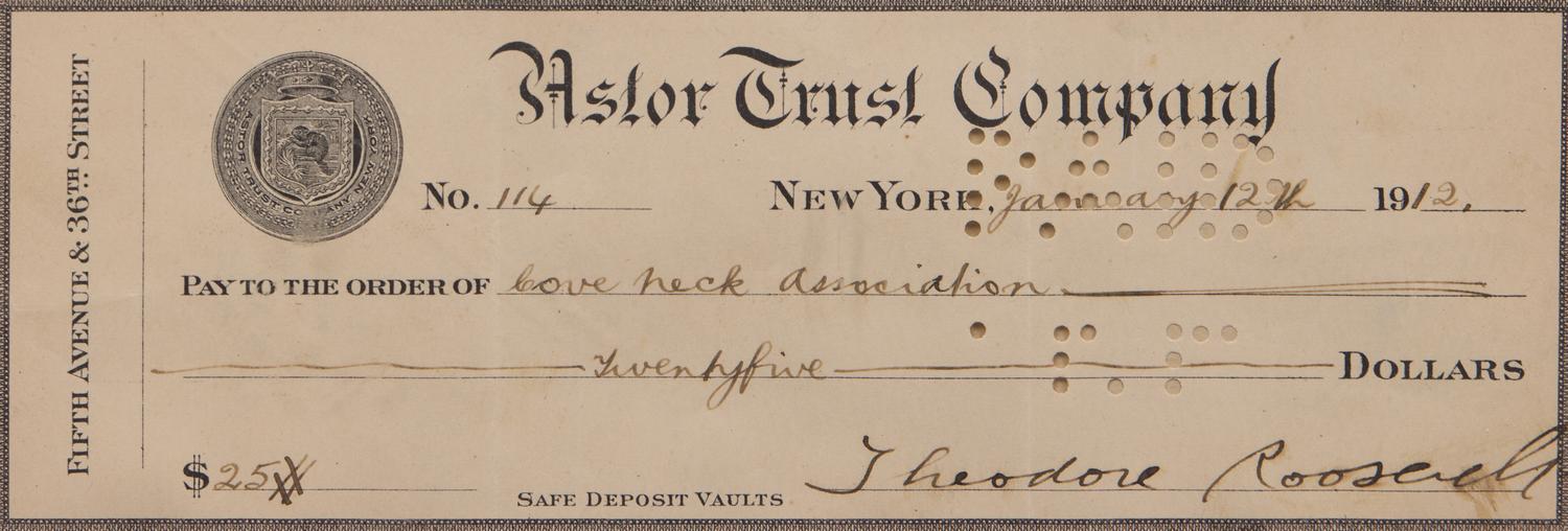 [Presidential] Roosevelt, Theodore. Partially-Printed Check, signed