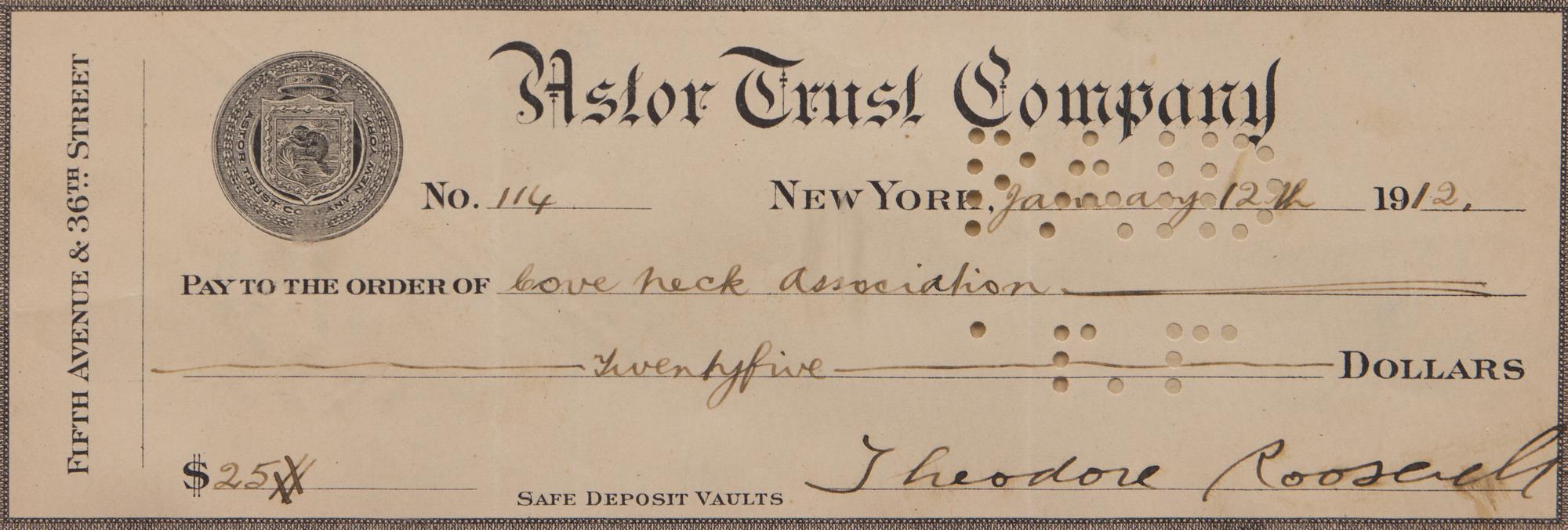 [Presidential] Roosevelt, Theodore. Partially-Printed Check, signed