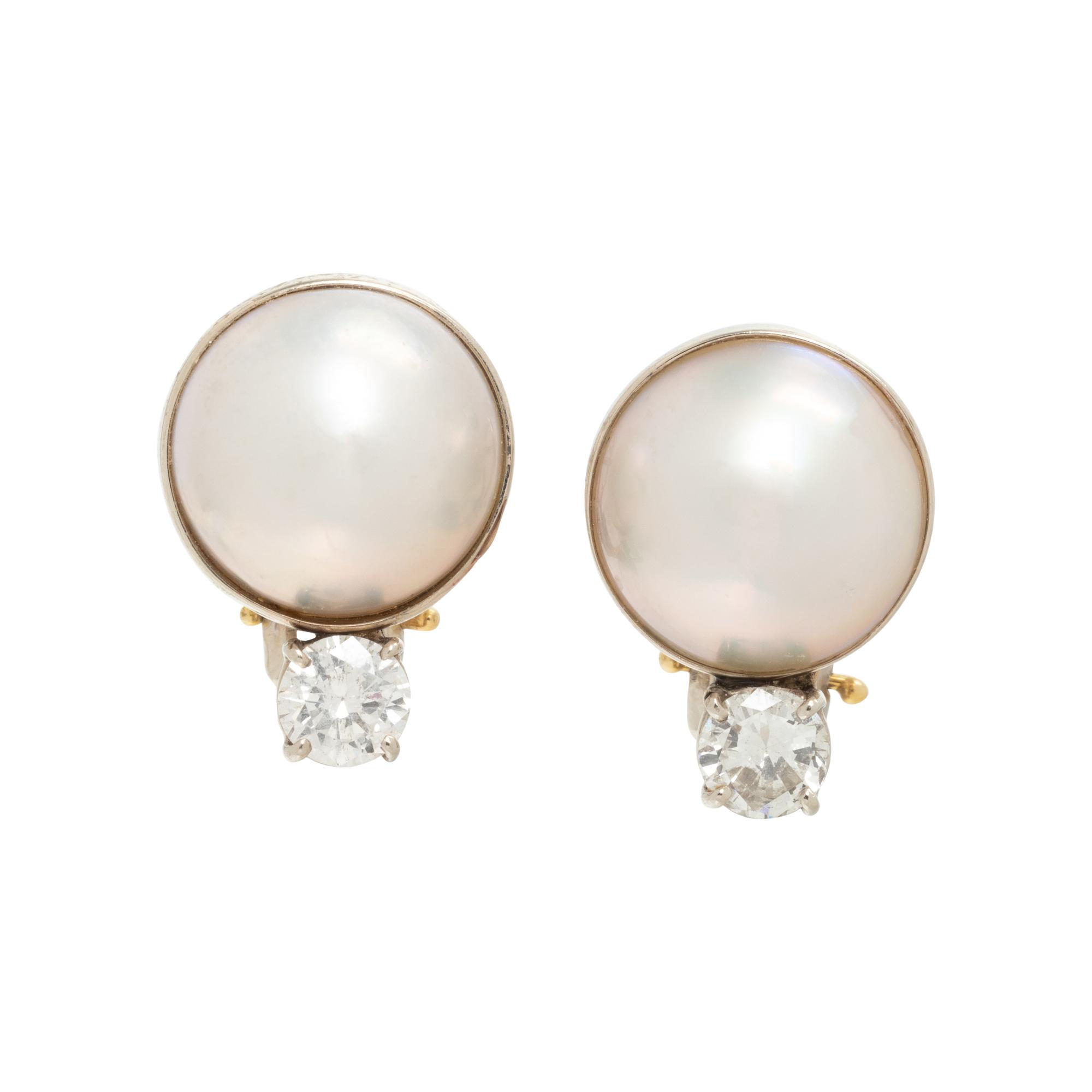 CULTURED MABE PEARL AND DIAMOND EARCLIPS
