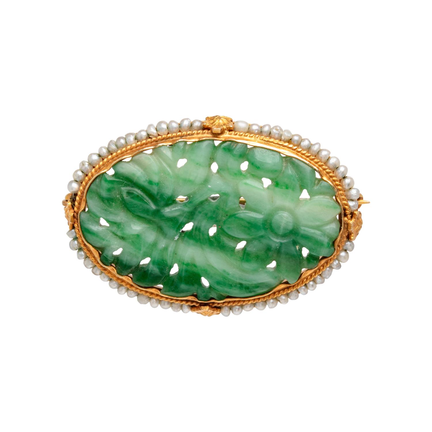 JADE, CULTURED PEARL, AND YELLOW GOLD BRACELET AND BROOCH