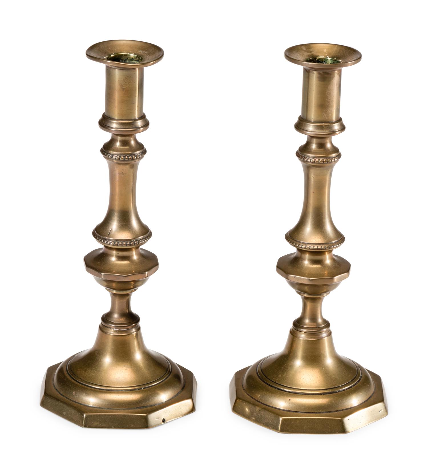 A Pair of English Brass Octagonal Base Candlesticks