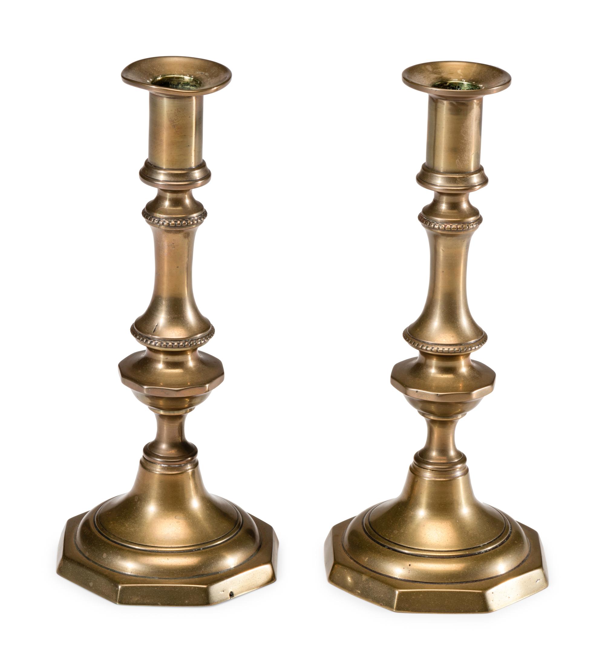 A Pair of English Brass Octagonal Base Candlesticks