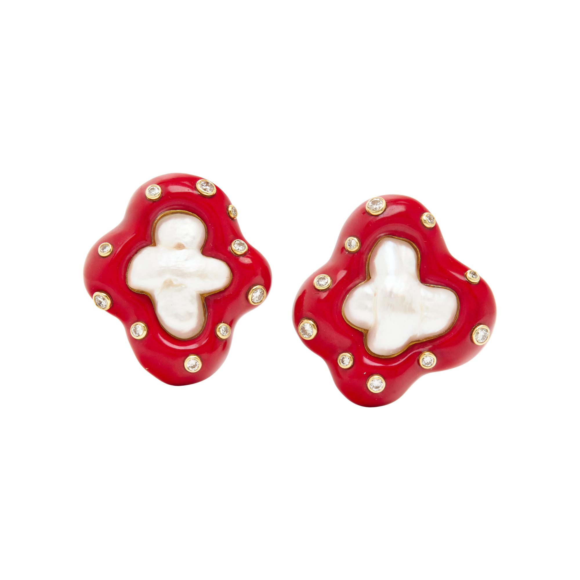 CHRISTOPHER WALLING, CULTURED BIWA PEARL, DIAMOND AND ENAMEL CLIP EARRINGS