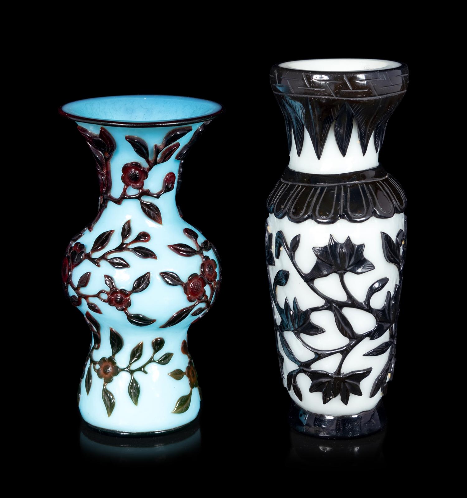 Two Chinese Black Overlay Glass Vases