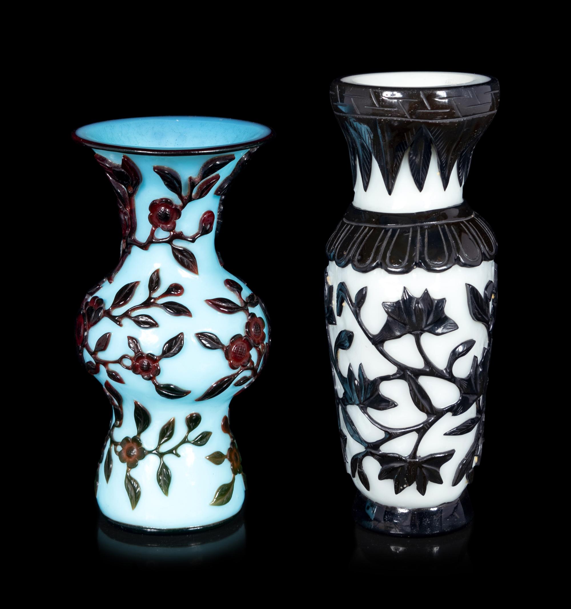 Two Chinese Black Overlay Glass Vases