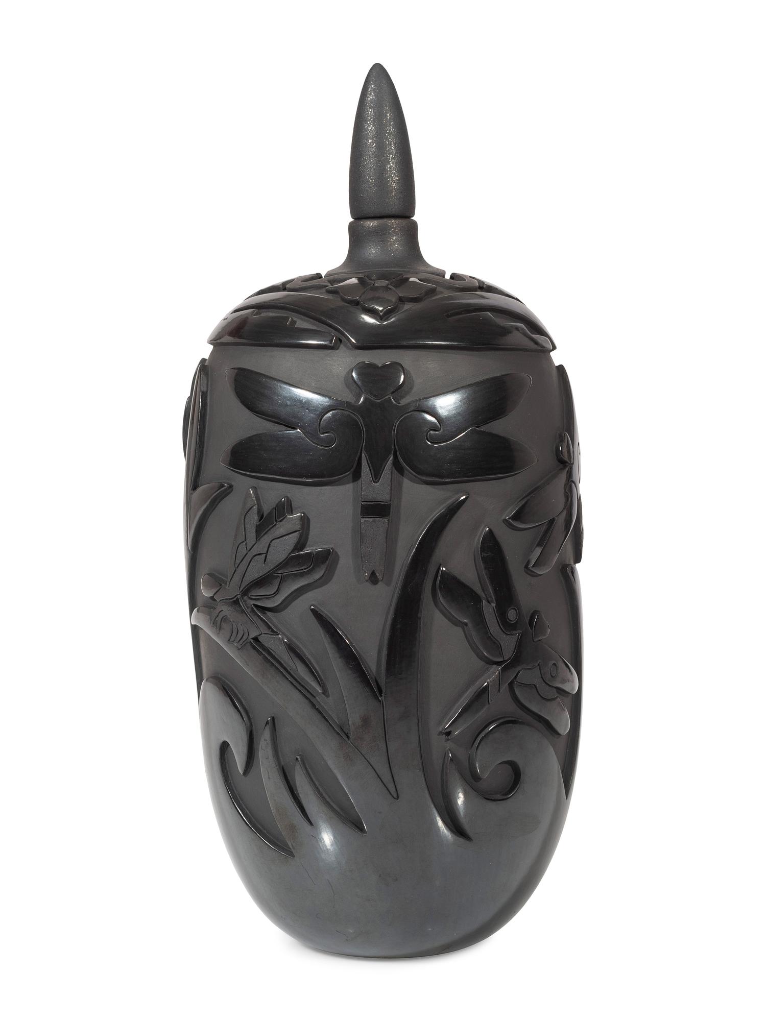 Carved Blackware Pottery Vase, with Dragonflies