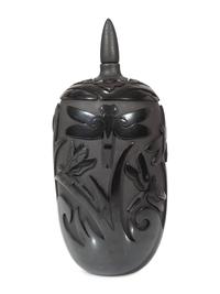 Carved Blackware Pottery Vase, with Dragonflies