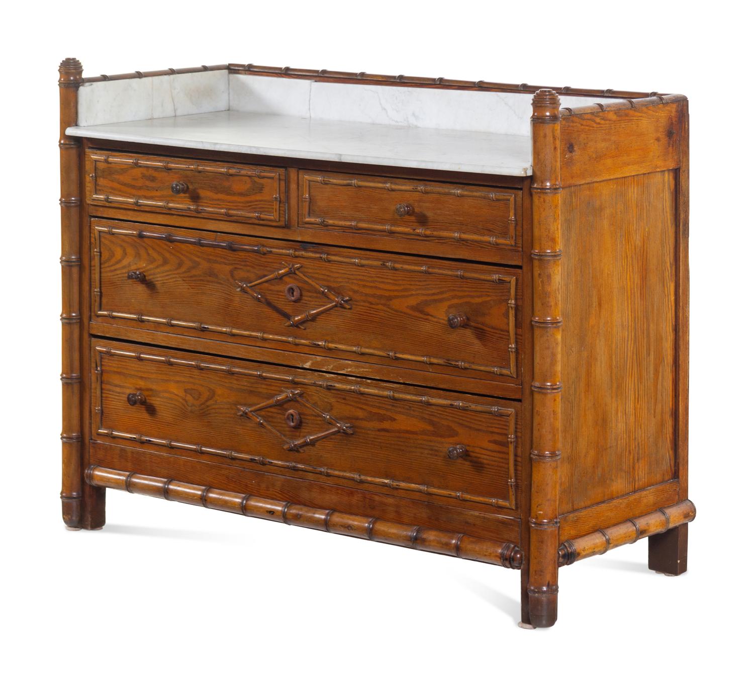 A Victorian Bamboo-Carved Pine Marble-Top Chest of Drawers