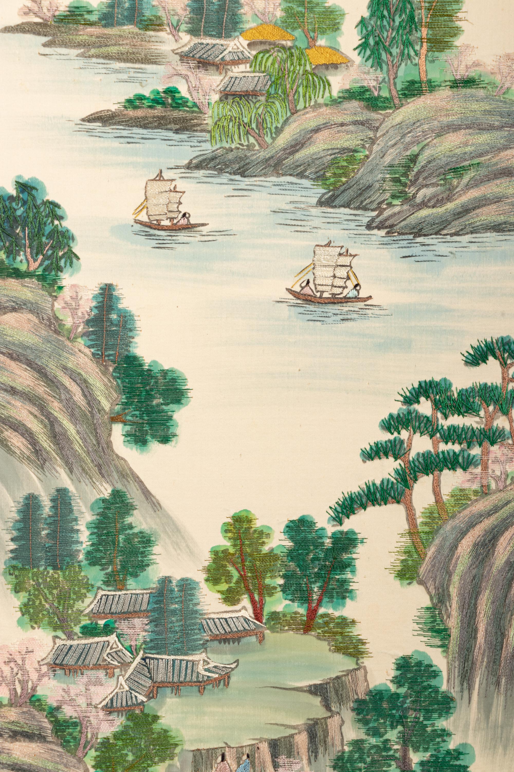 A Korean Four-Paneled Embroidered Silk Screen