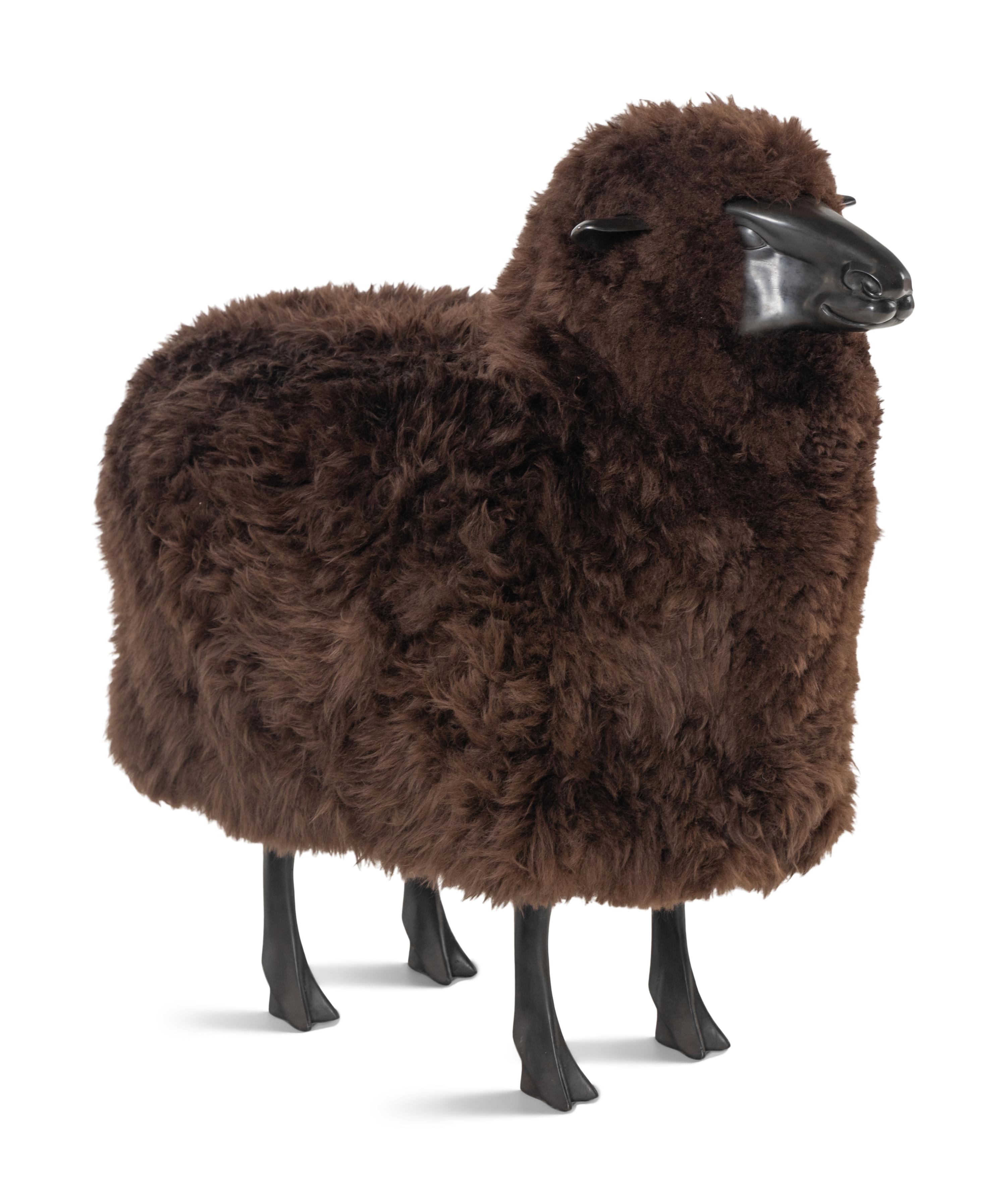 A Polished Cast Metal and Wool Model of a Sheep
