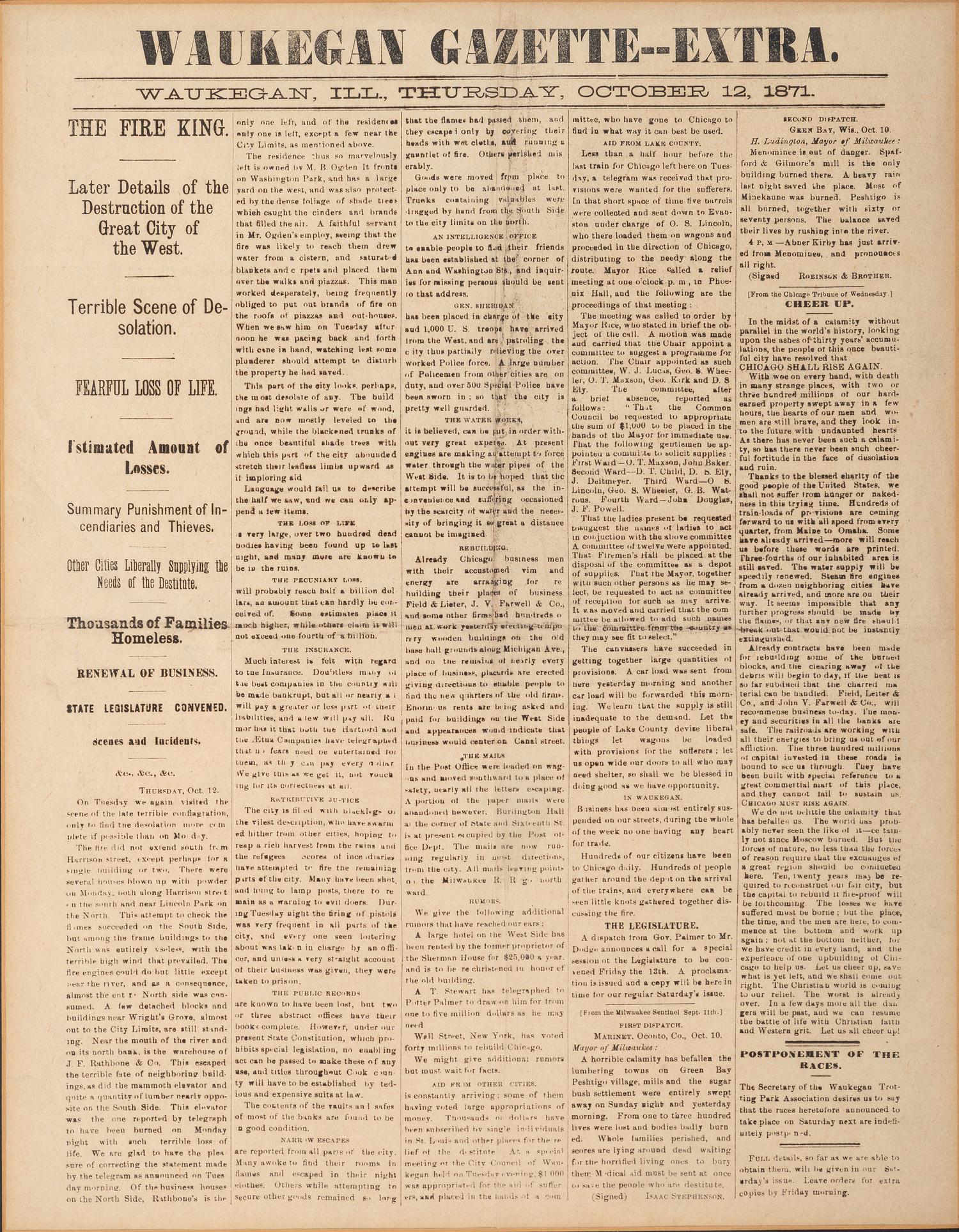 [CHICAGO]. A group of 2 items involving the Great Chicago Fire of 1871, incl. Waukegan Gazette--Extra . 12 October 1871. [ With :] Great Fire aquatint.