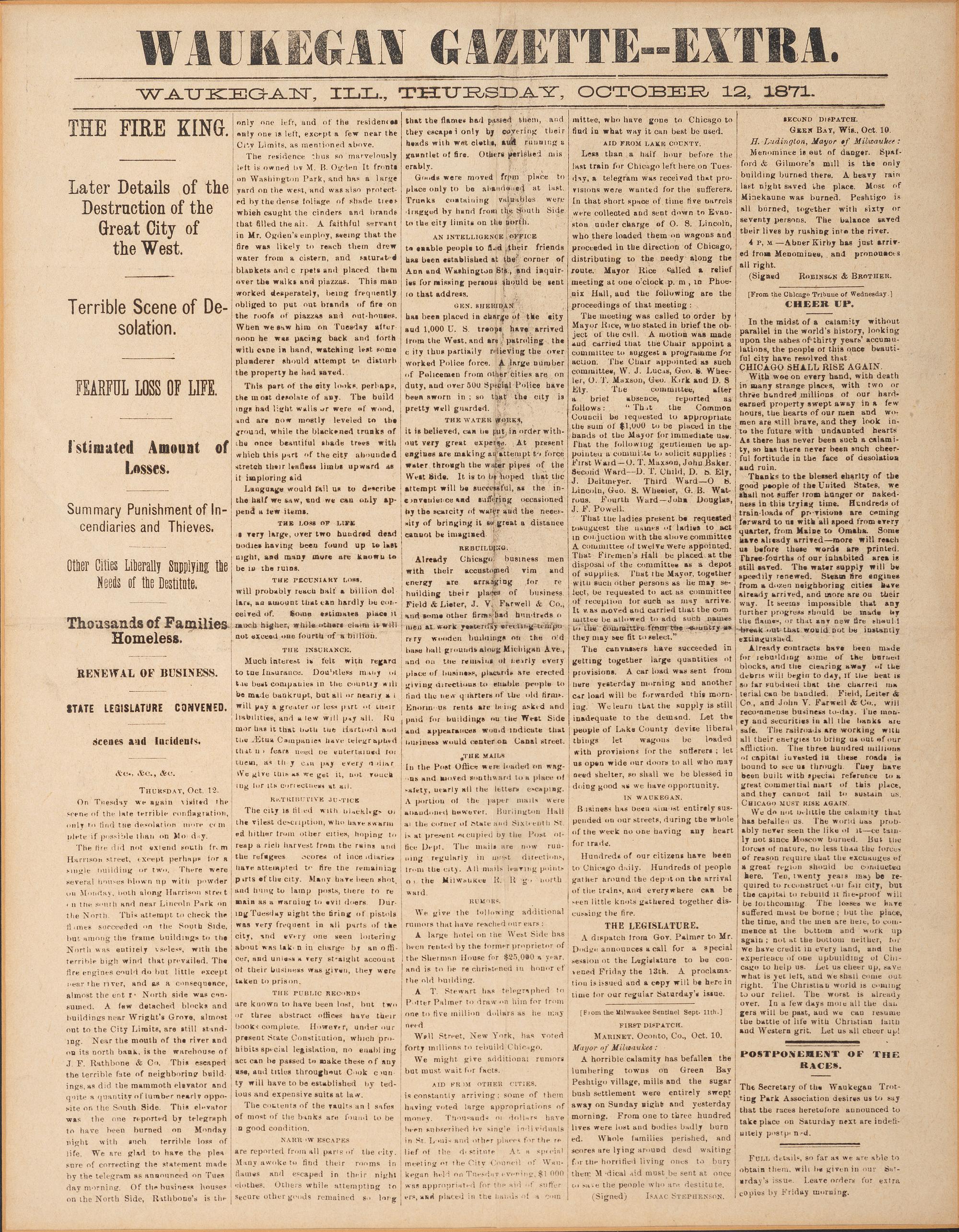 [CHICAGO]. A group of 2 items involving the Great Chicago Fire of 1871, incl. Waukegan Gazette--Extra . 12 October 1871. [ With :] Great Fire aquatint.