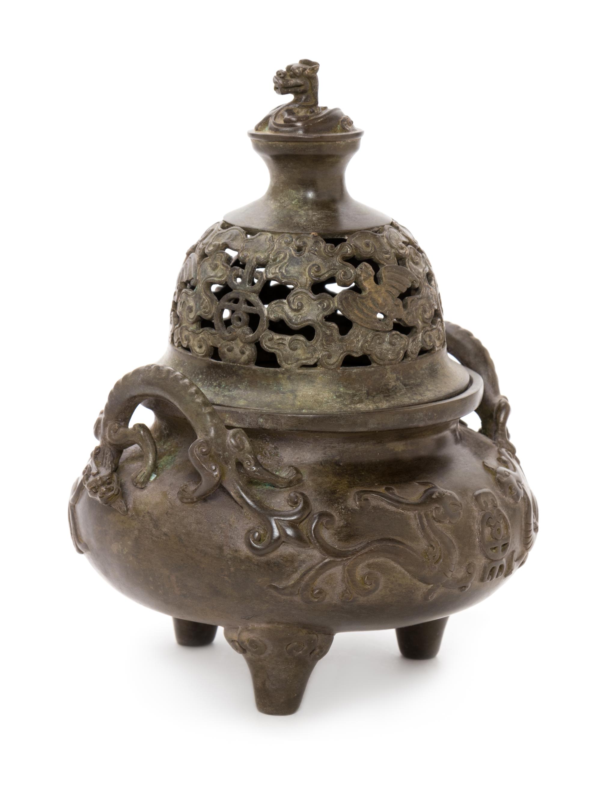 A Chinese Bronze Handled Censer and Cover Height 8 1/2 inches. — 20TH CENTURY