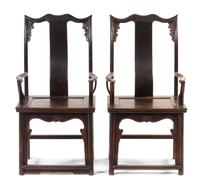A Pair of Chinese Lacquered Elmwood Official's Hat Armchairs, Sichutouguanmaoyi Height 44 3/4 inches.