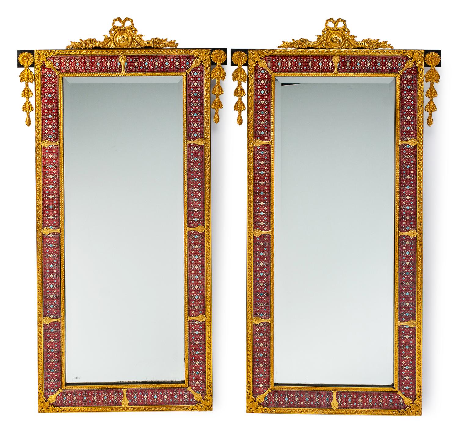 A Pair of Louis XVI Style Gilt Bronze and Champleve Mirrors
