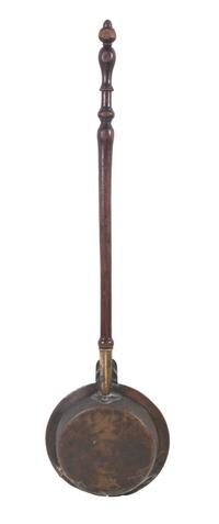 An English Engraved Brass and Turned Walnut Bed Warmer