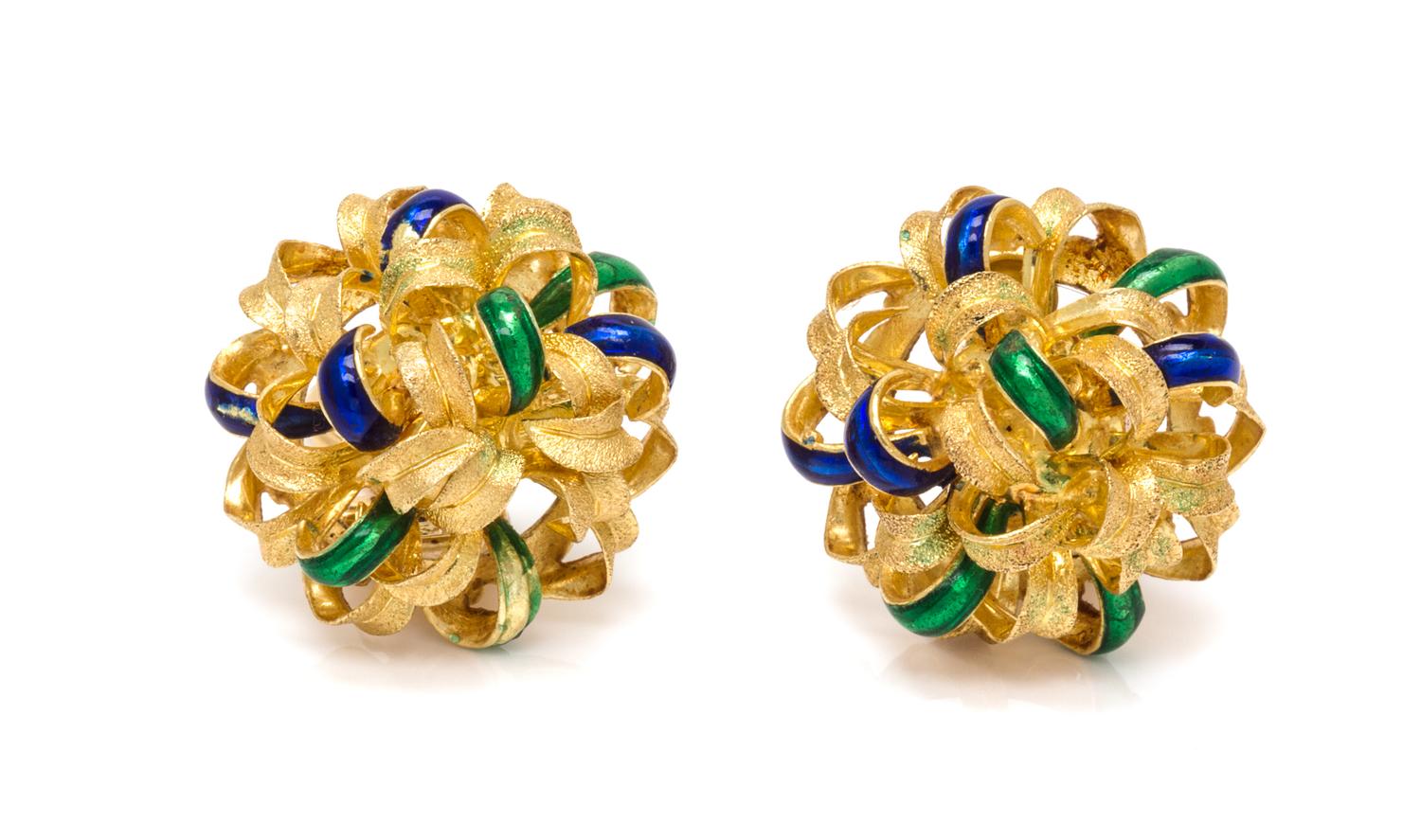 A Pair of 18 Karat Yellow Gold and Polychrome Enamel Earclips, 10.10 dwts.