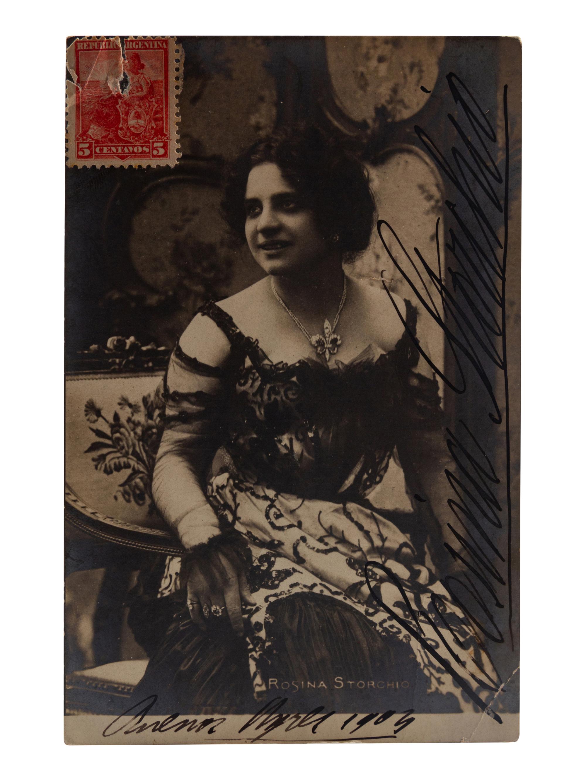 STORCHIO, Rosina (1872-1945). Black and white photographic postcard signed (“Rosina Storchio”) and additionally inscribed, 1900.