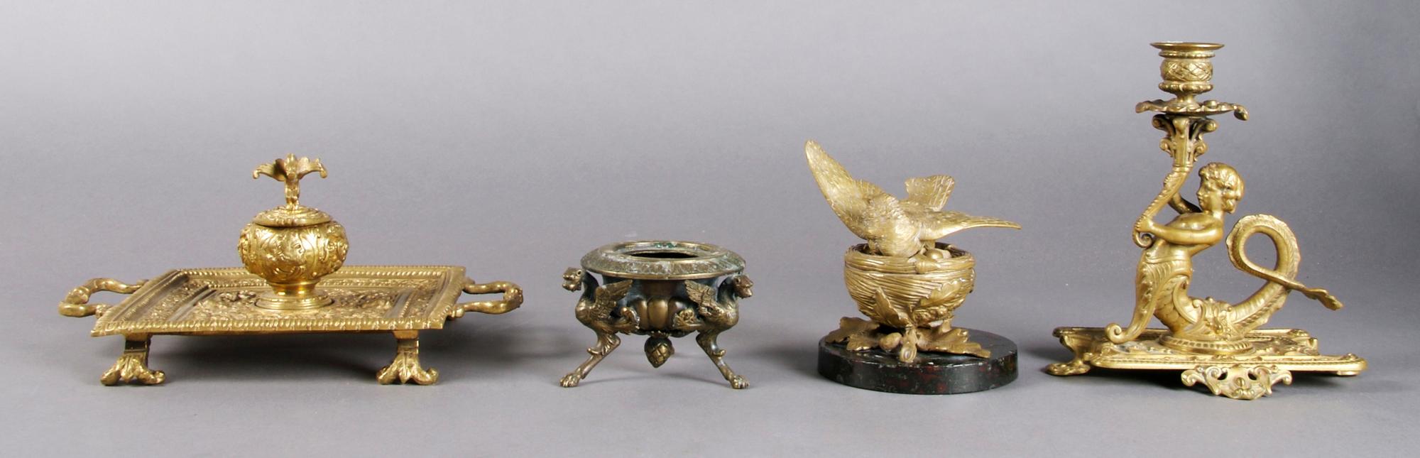 A Collection of Four Classical Style Bronze Articles, Height of first 8 inches.
