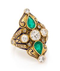 A Yellow Gold, Diamond, Emerald, Seed Pearl and Enamel Ring, 5.50 dwts.